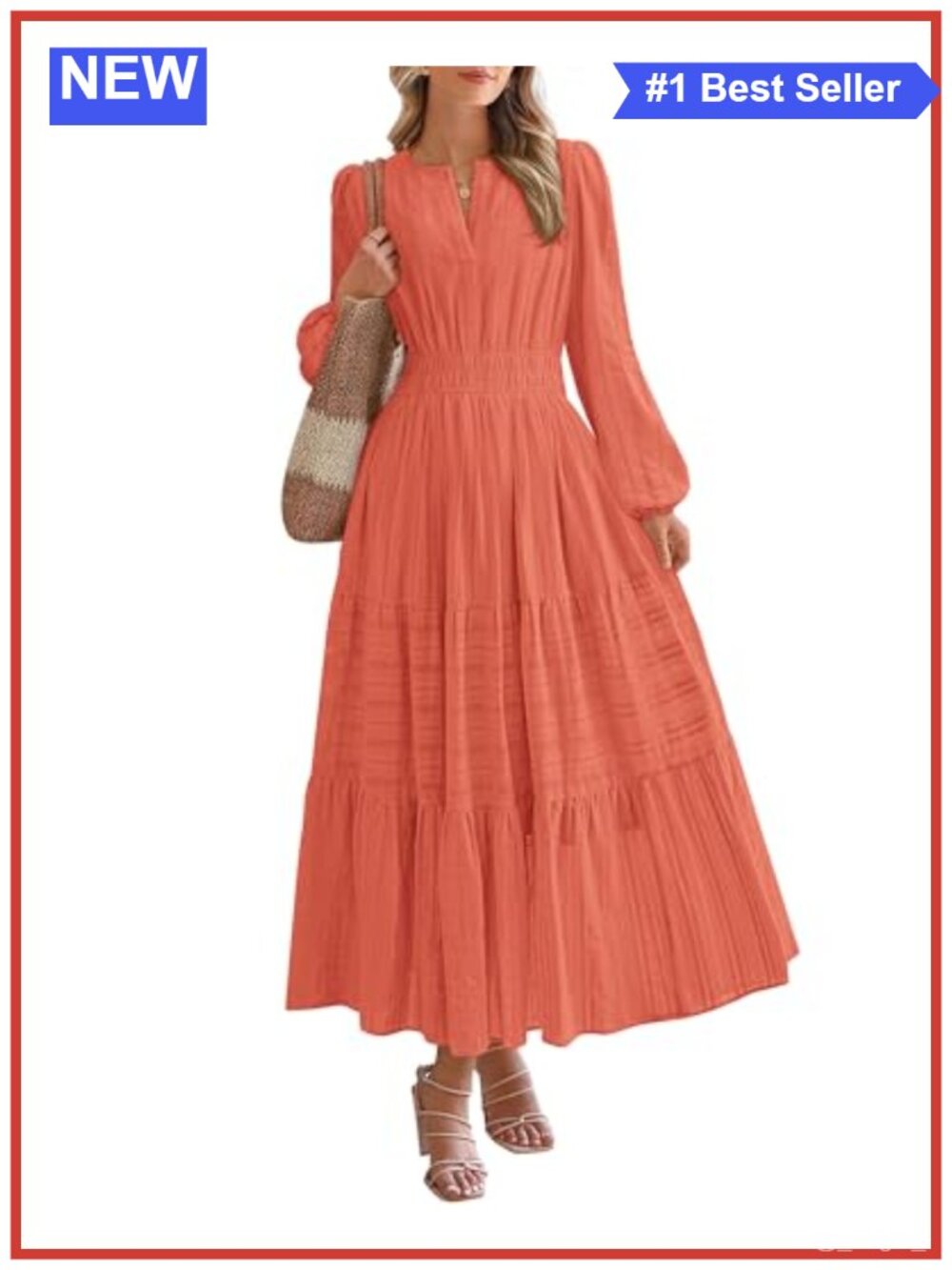 Womens Cotton Maxi Dress V Neck Long Sleeve Tiered Boho A-Line Pockets